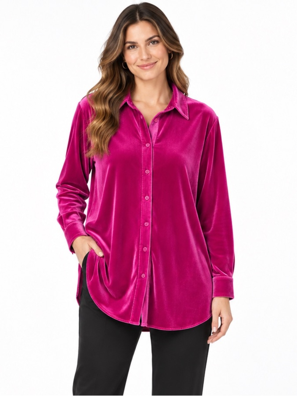 Women's Fuchsia Velvet Button-Up Shirt Size e